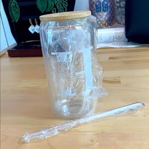 NIB monogram cup Clear Glass Jar with Bamboo Lid and Straw H floral